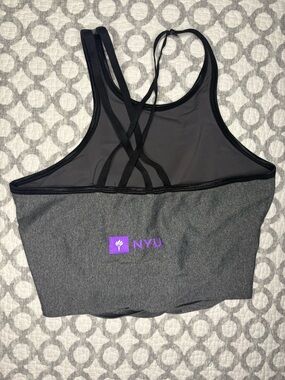 NYU Gray & Black Under Armour Sports Bra with Purple Logo